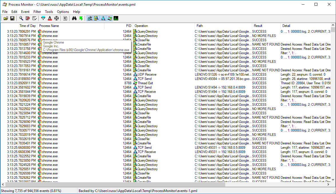 Process Monitor capture of chrome.exe